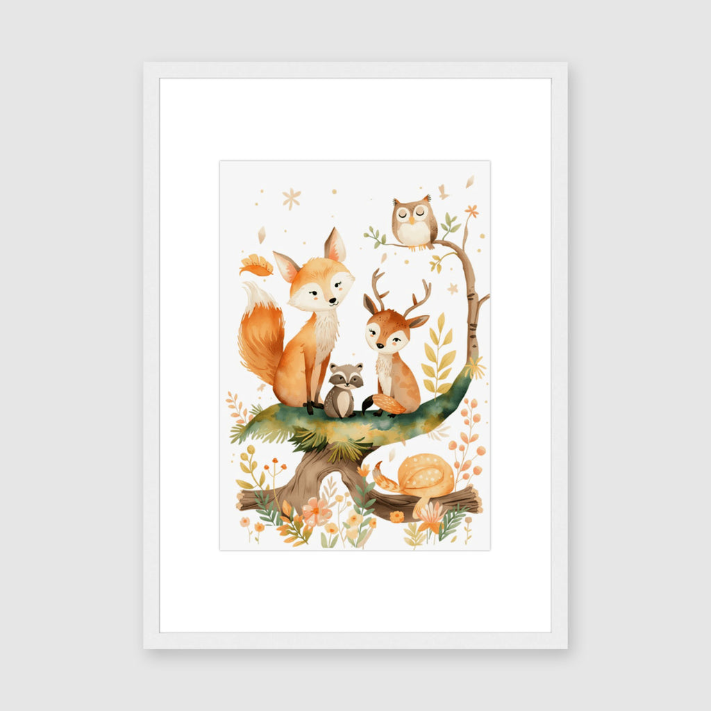 Framed Print A3 Classic White Frame - Expanded forest scene with fox, owl, deer, and raccoon on lush green tree branch with golden leaves and botanical surroundings
