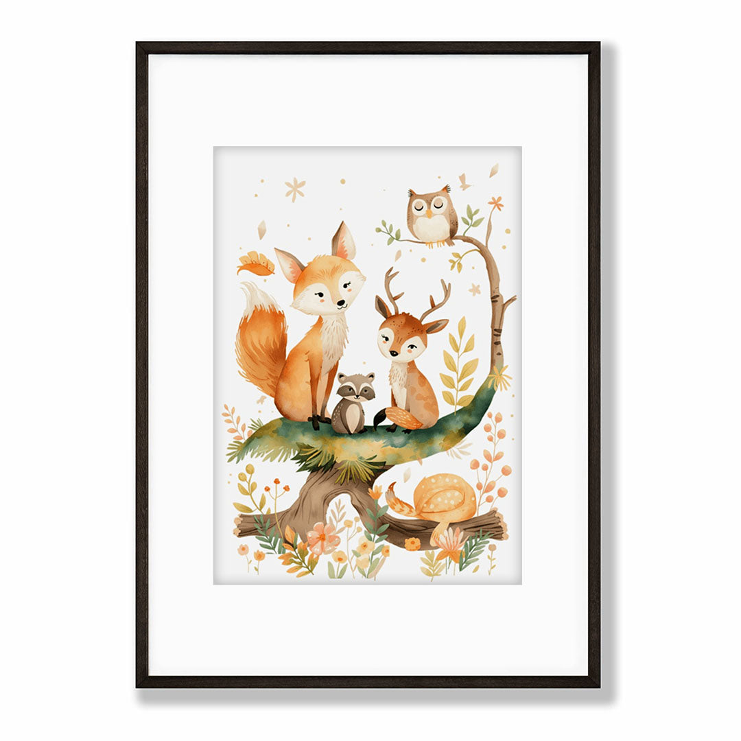 Framed Print A2 Classic Black Frame - Grand-sized woodland art print featuring intricate details of forest animals, branches, foliage, and golden accents on archival matte