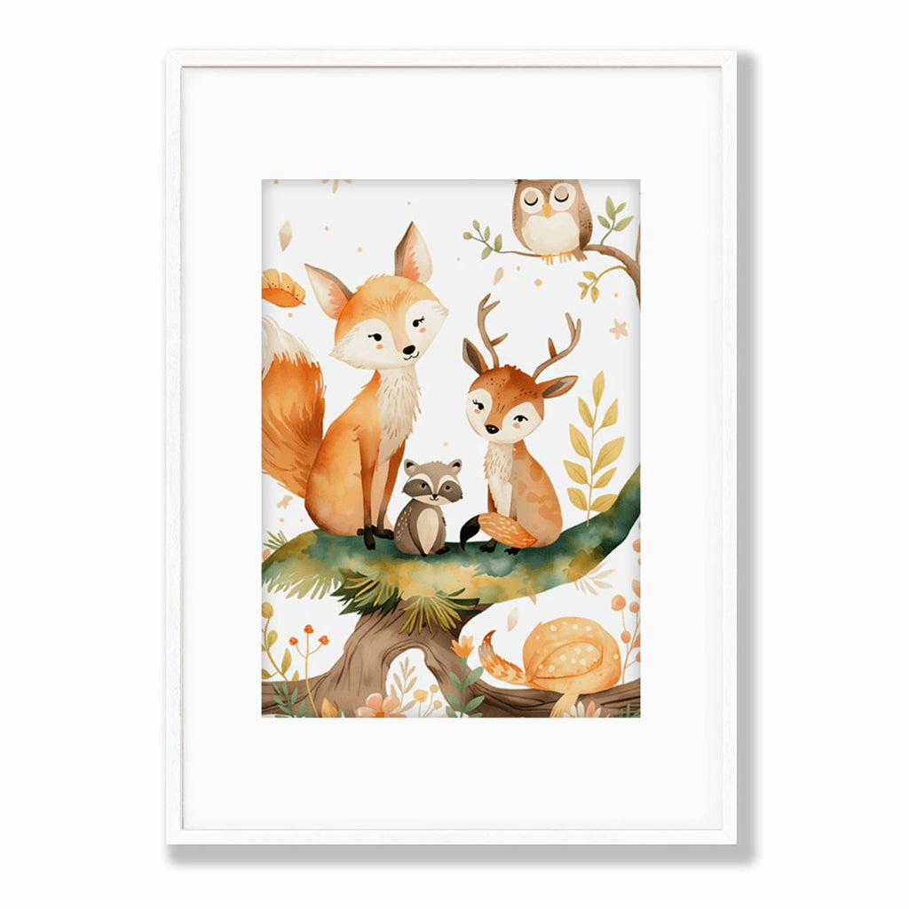 Framed Print A2 Classic White Frame - Large format woodland print showcasing charming deer, fox, owl, and raccoon on moss-covered branch with extensive golden botanical details