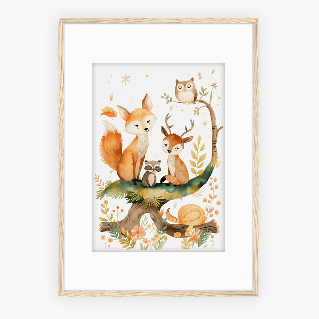 Framed Print A2 Classic Wood Frame - Statement-sized forest animal artwork with complete woodland scene, natural wood frame, and warm watercolor palette with detailed flora