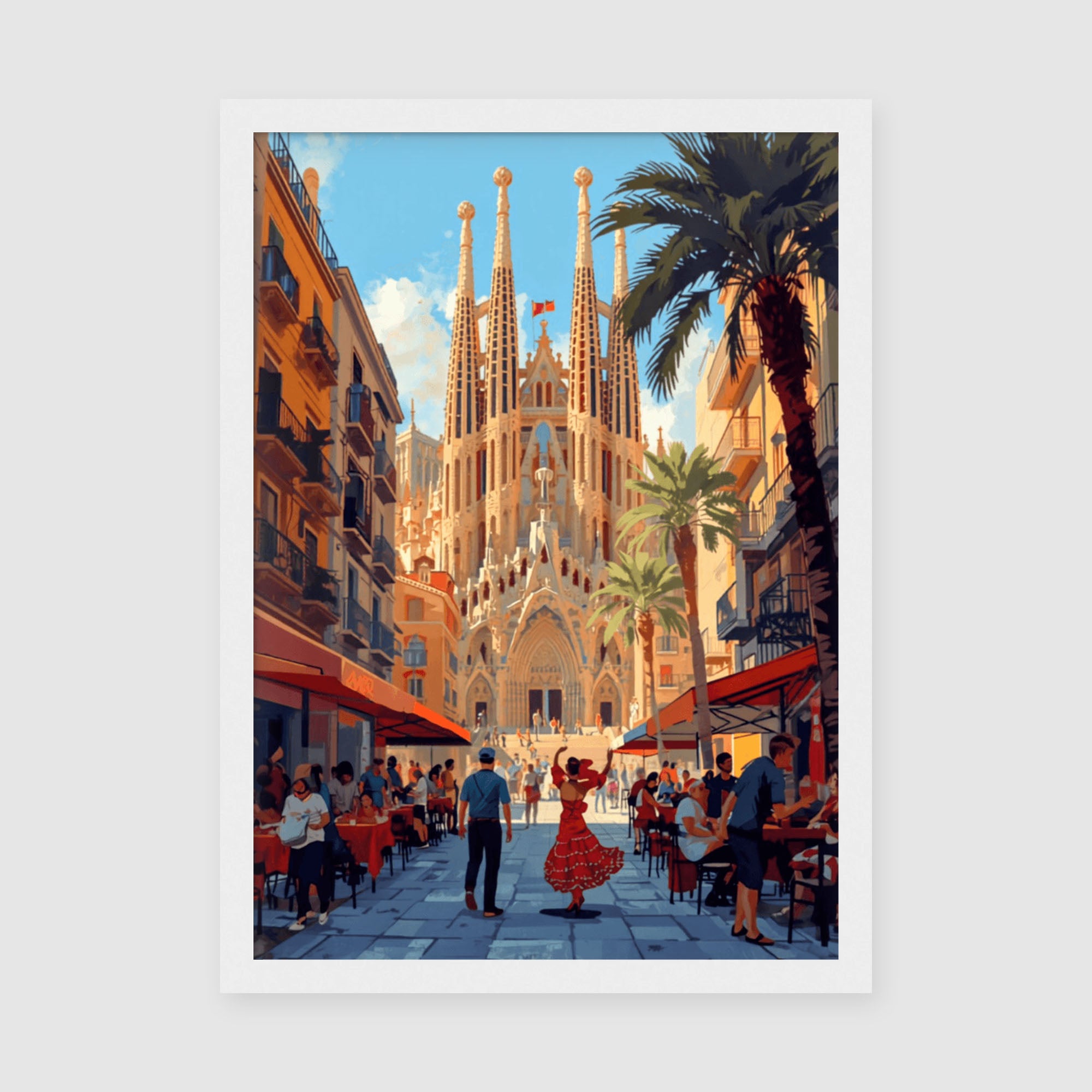 Framed Poster A3 Classic White Frame - Iconic Sagrada Familia cathedral with intricate spires centered in vibrant Barcelona plaza with colorful architecture and street vendors