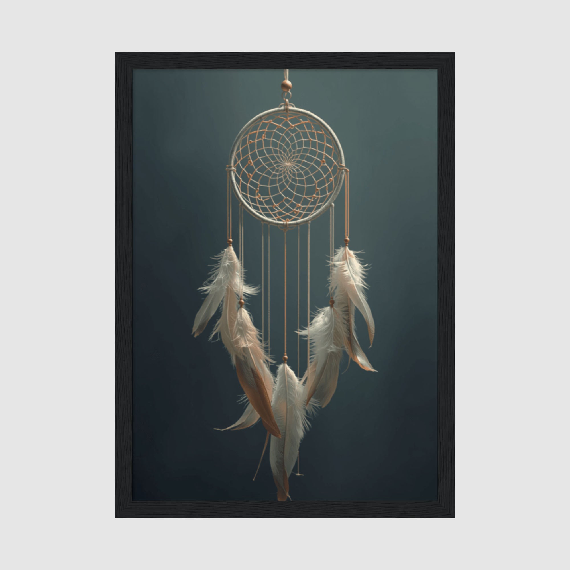 Framed Poster A4 Classic Black - Intricate dreamcatcher with geometric web pattern in gold and silver threads, adorned with cream and bronze feathers hanging below