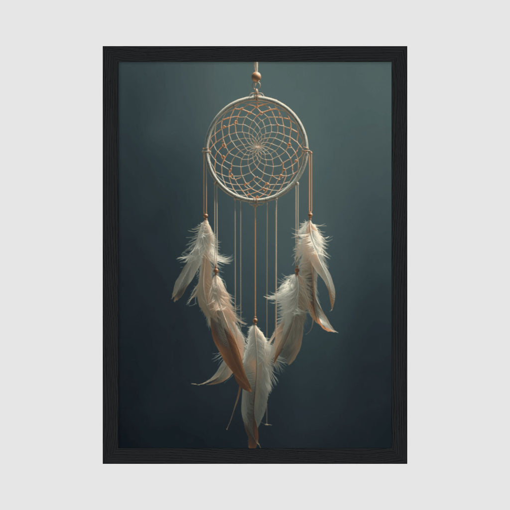 Framed Poster A4 Classic Black - Intricate dreamcatcher with geometric web pattern in gold and silver threads, adorned with cream and bronze feathers hanging below