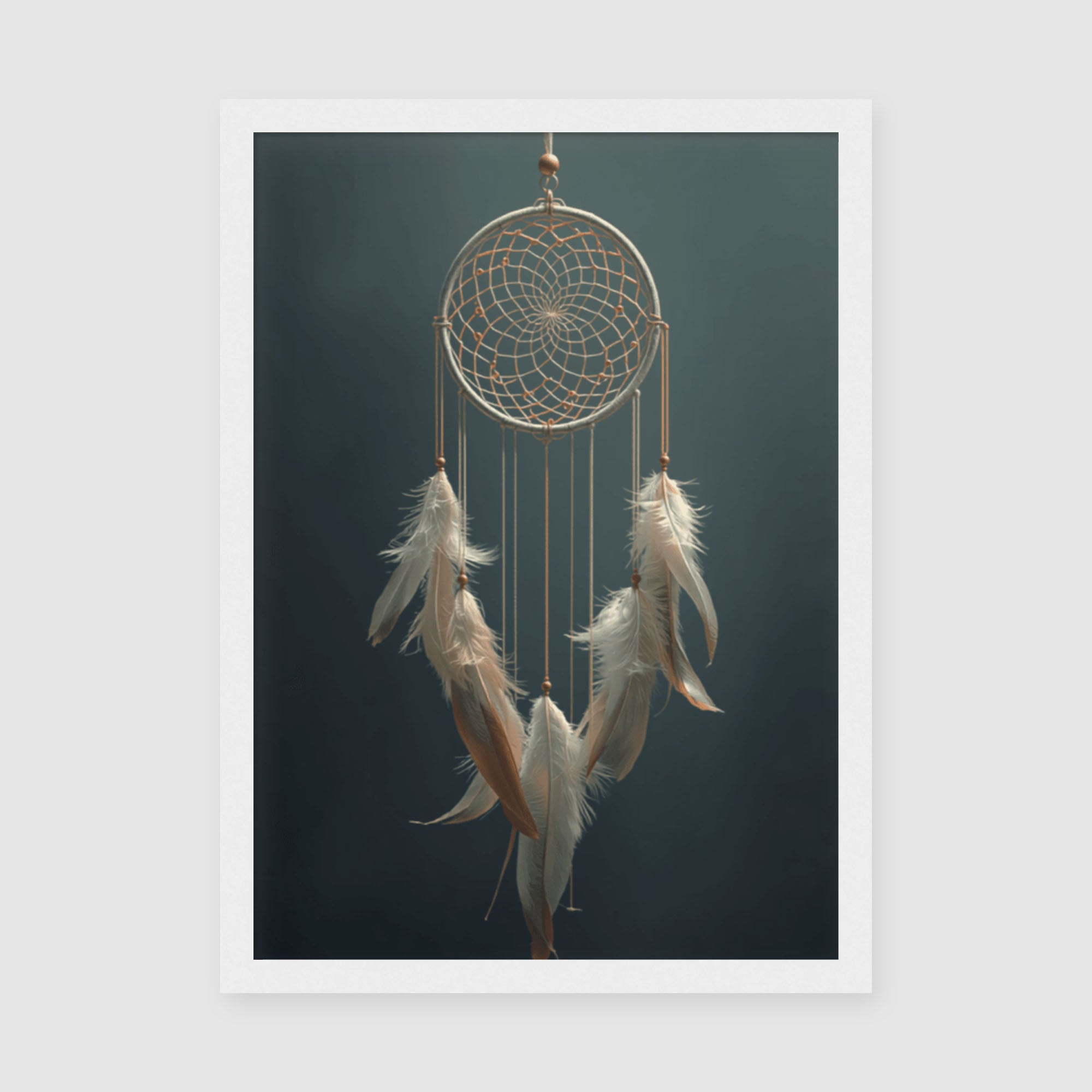 Framed Poster A3 Classic White - Detailed dreamcatcher artwork featuring ornate webbing design with warm metallic tones against muted teal background