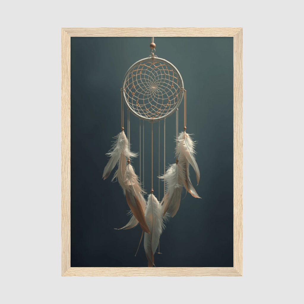 Framed Poster A2 Classic Wood - Flowing feathers in soft cream and bronze descending from circular web design, creating ethereal boho aesthetic