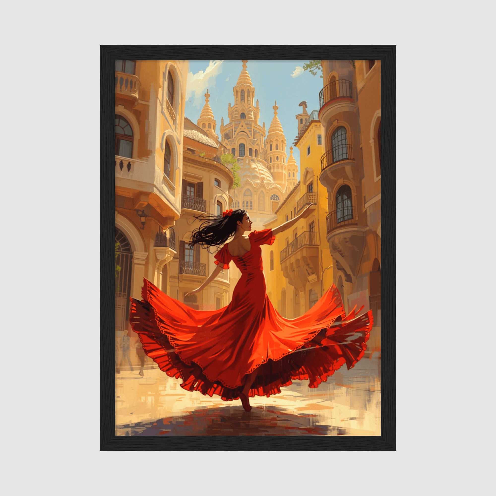 Framed Poster A4 Classic Black Frame - Woman in red dress dancing through golden Spanish architecture with ornate church spires