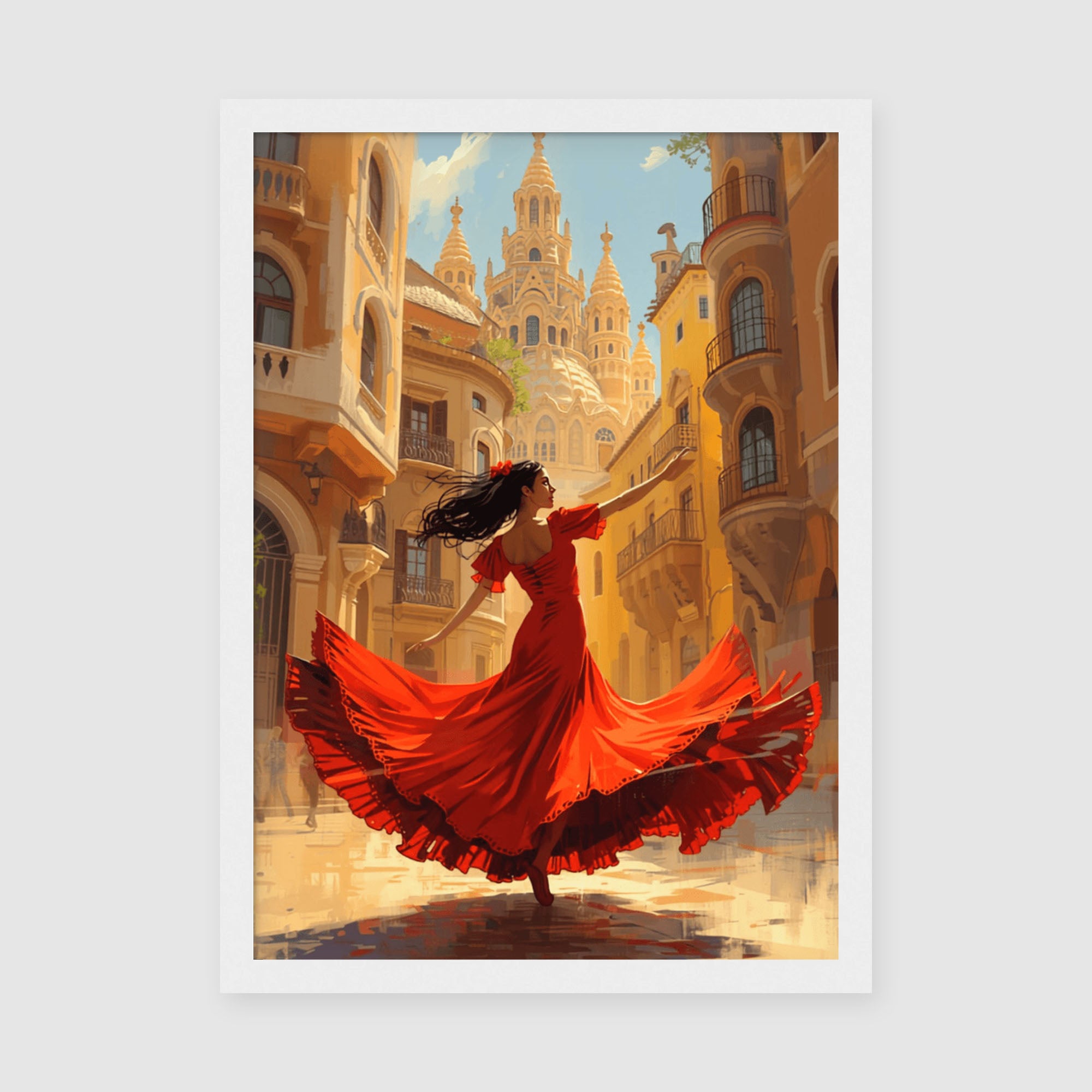Framed Poster A3 Classic White Frame - Senorita in flowing red gown twirling in warm-toned European street with baroque buildings