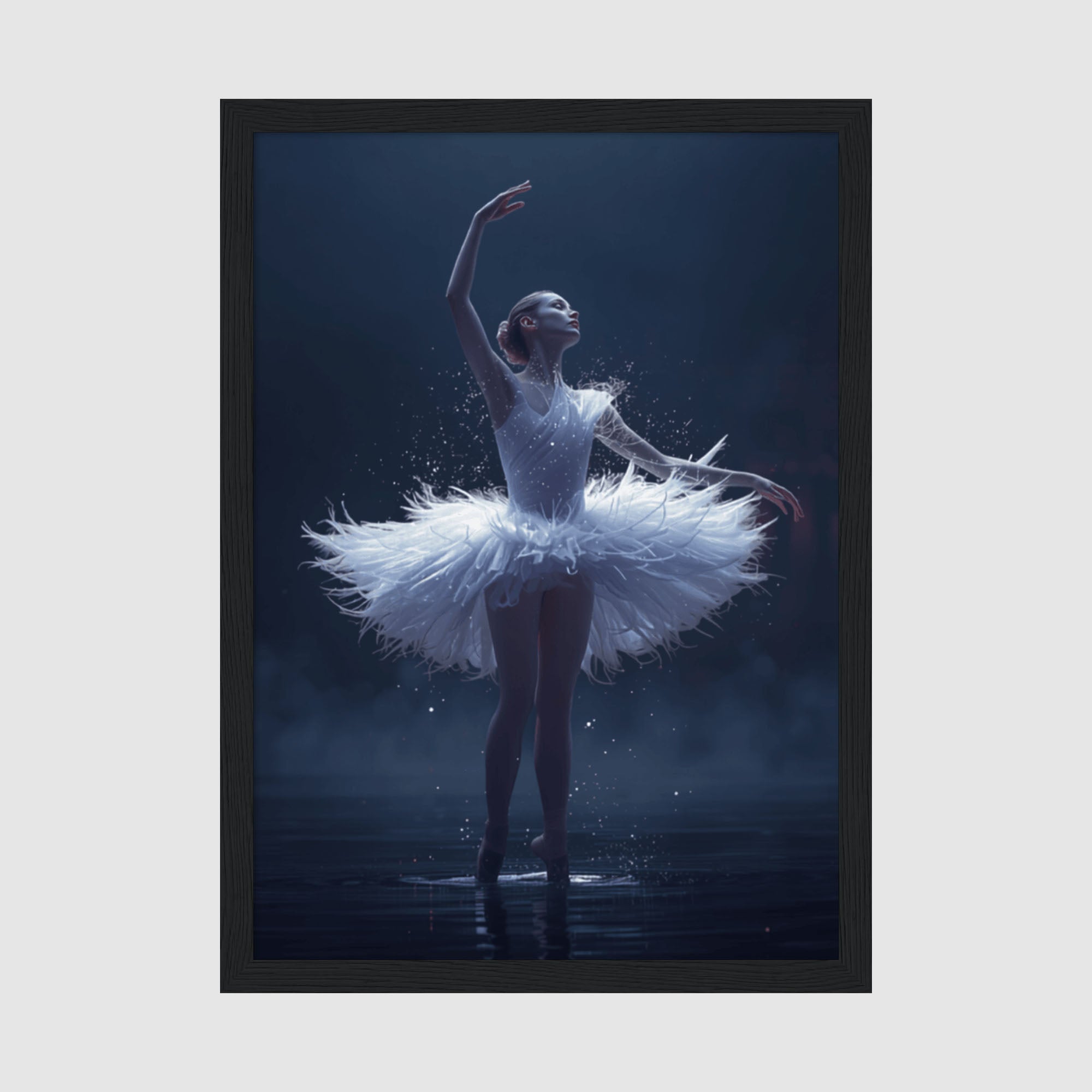 Framed Posters A4 Classic Black - Ethereal ballerina in white tutu with glowing sparkles against dark blue background