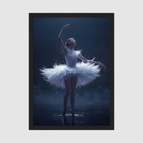 Framed Posters A4 Classic Black - Ethereal ballerina in white tutu with glowing sparkles against dark blue background