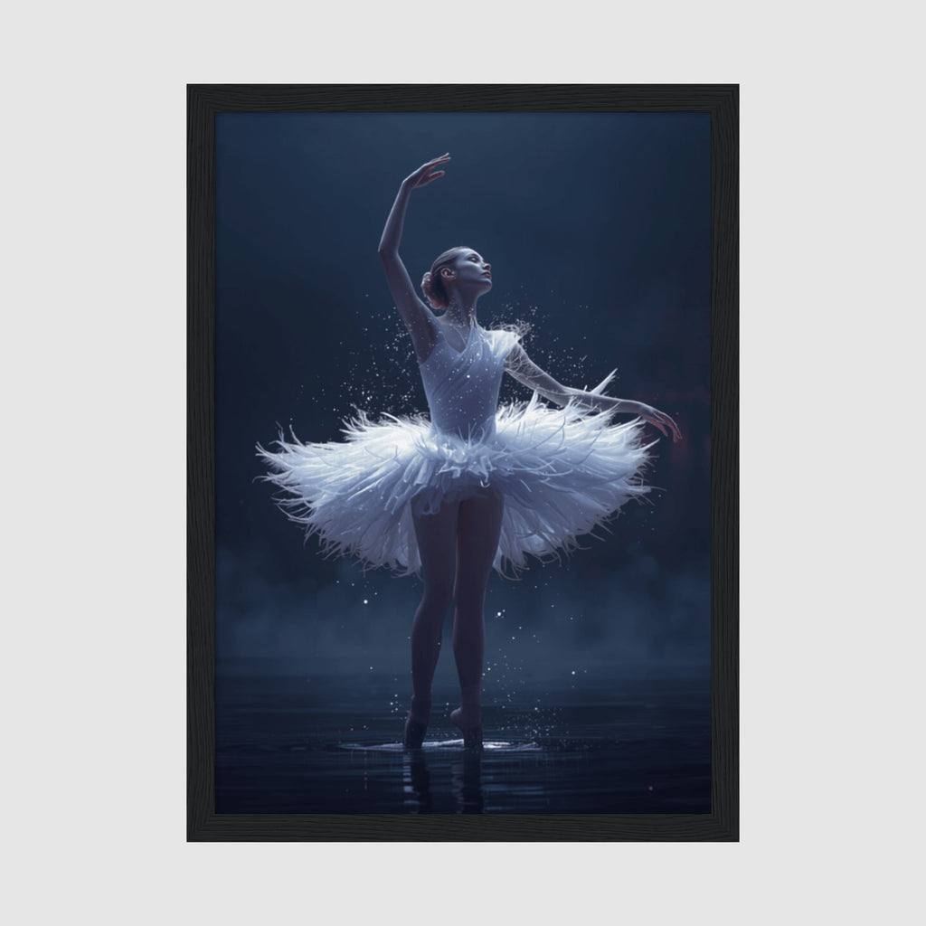 Framed Posters A4 Classic Black - Ethereal ballerina in white tutu with glowing sparkles against dark blue background