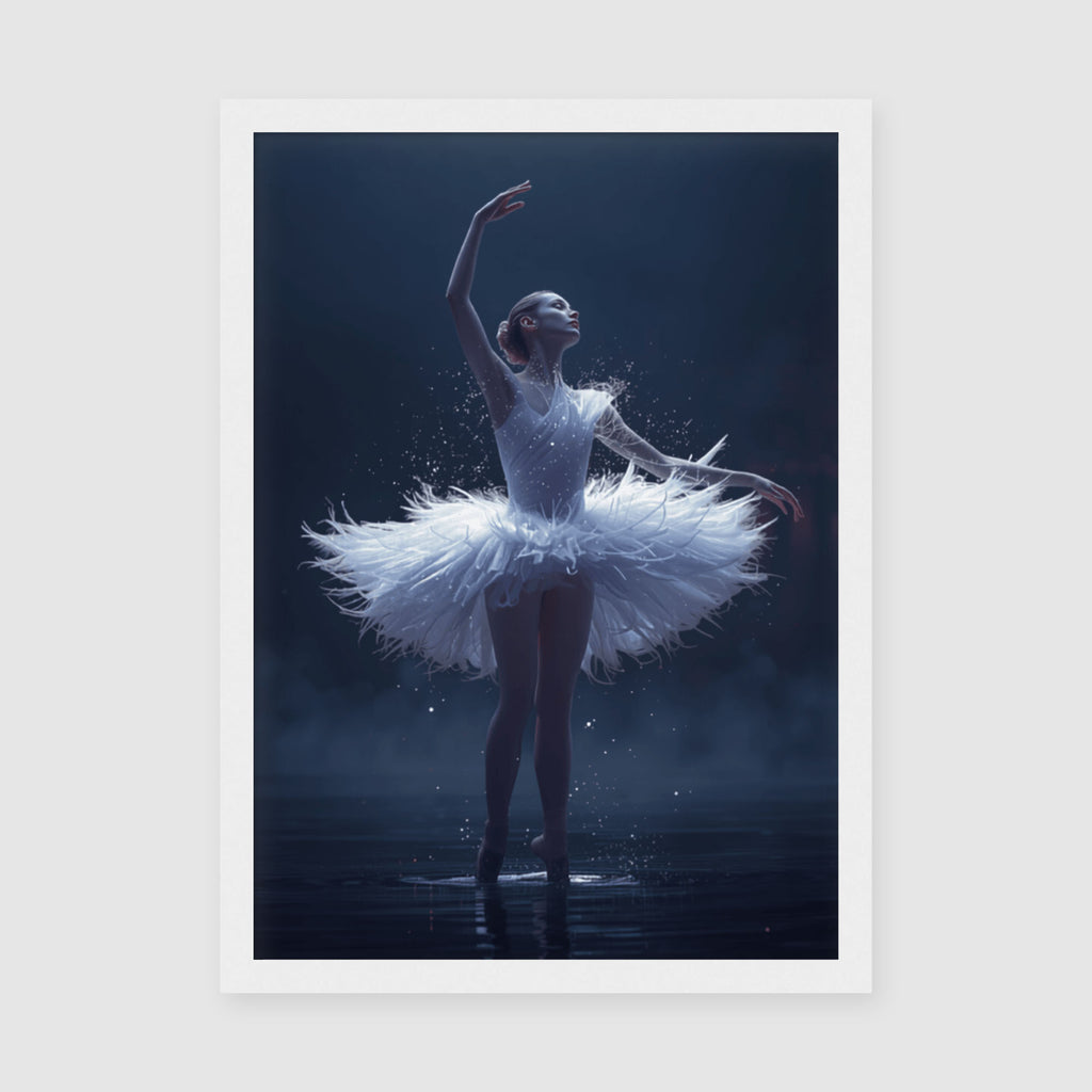 Framed Posters A3 Classic White - Graceful dancer on pointe with luminescent white feathered skirt and magical light effects