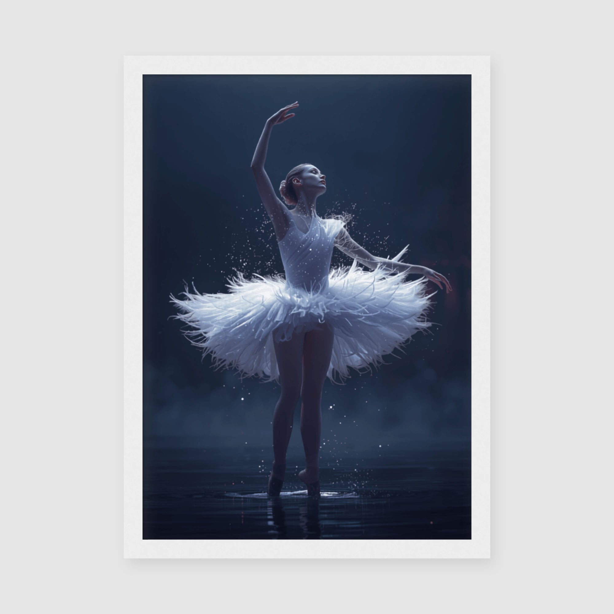 Framed Posters A3 Classic White - Graceful dancer on pointe with luminescent white feathered skirt and magical light effects