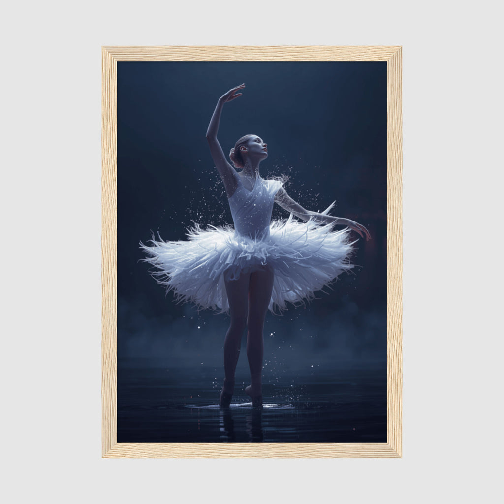 Framed Posters A2 Classic Wood - Swan Lake inspired ballerina artwork with delicate pose and shimmering particles