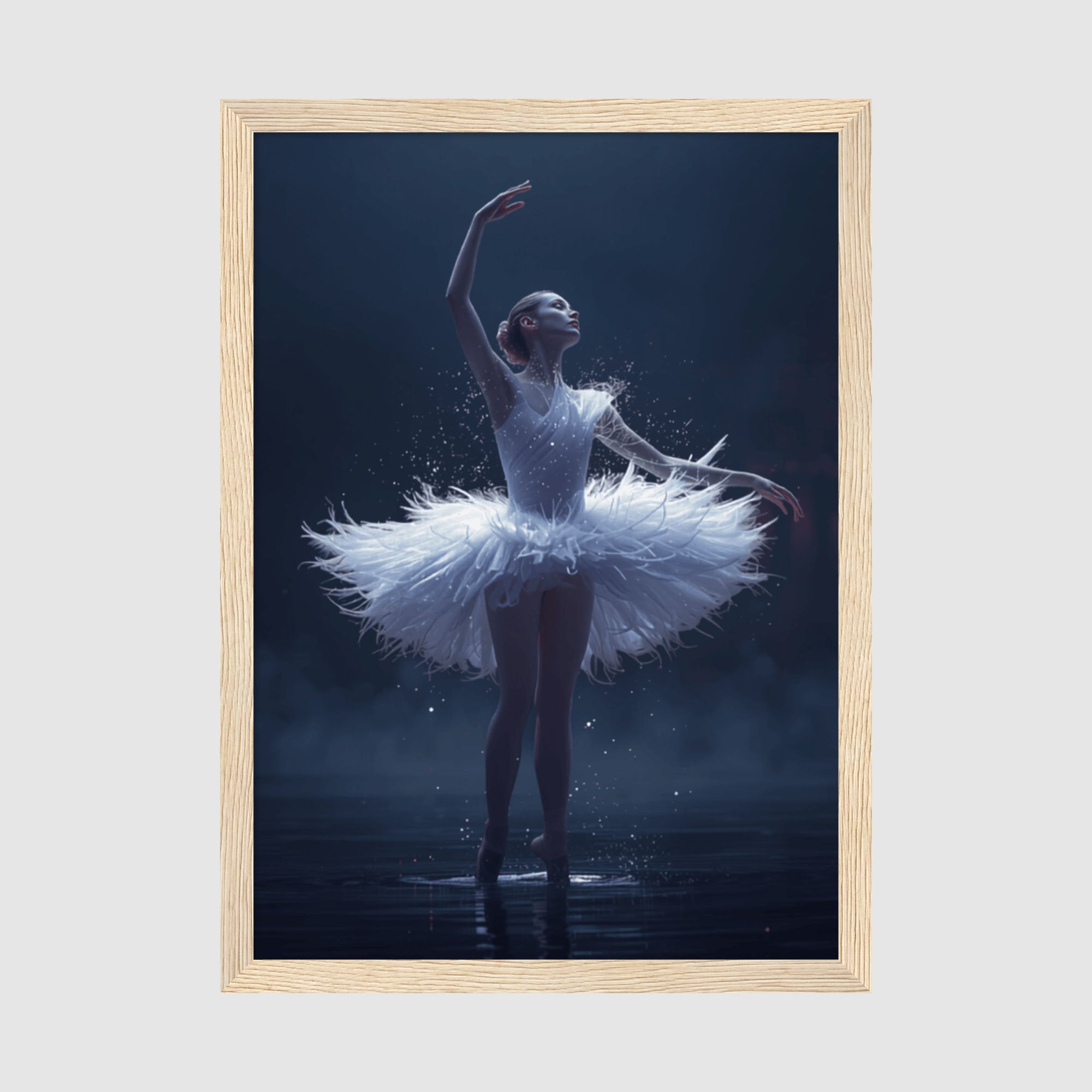 Framed Posters A2 Classic Wood - Swan Lake inspired ballerina artwork with delicate pose and shimmering particles