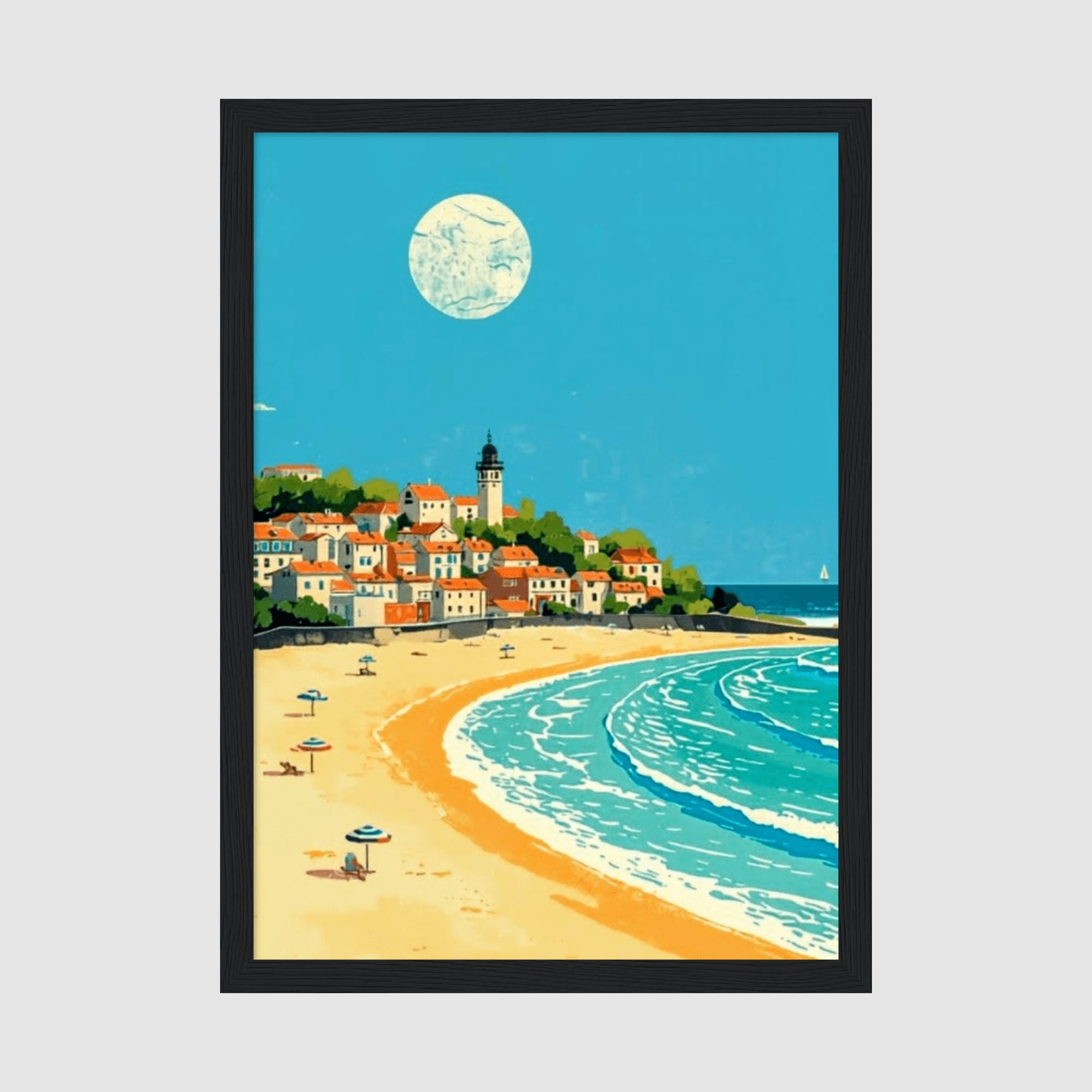Framed Poster A4 Classic Black Frame - Vibrant retro illustration of a colorful Mediterranean coastal town with terracotta roofs, church tower, and beach with waves under a bright blue sky and full moon