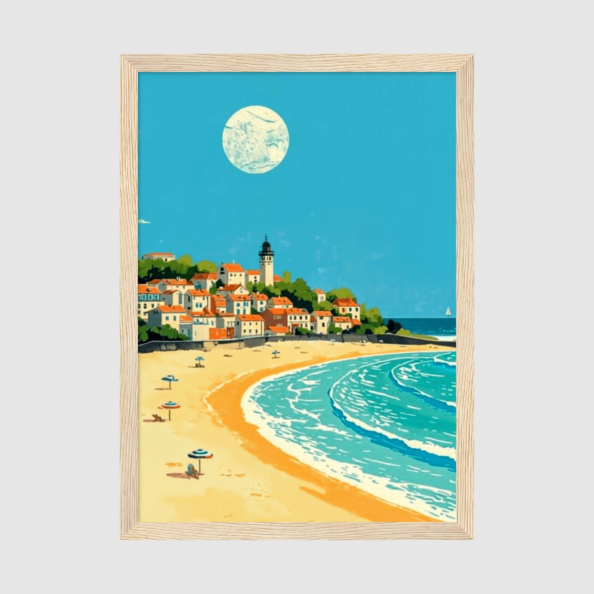 Framed Poster A2 Classic Wood Frame - Picturesque beach town print with warm color palette of orange, yellow, and blue tones, showing peaceful coastal landscape with sailboat