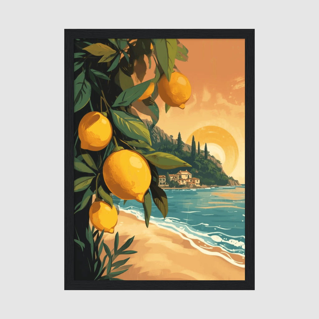 Framed Poster A4 Classic Black Frame - Italian coastal scene with golden lemons hanging from branches overlooking Mediterranean village and turquoise sea at sunset