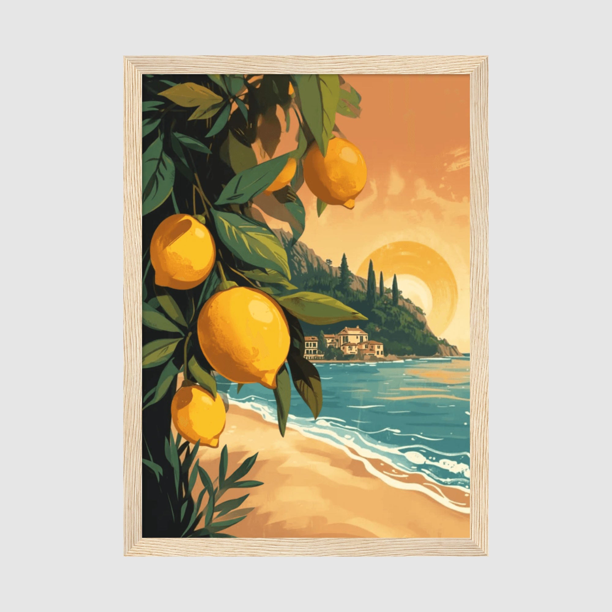 Framed Poster A2 Natural Wood Frame - Detailed botanical and architectural artwork showing lemons on foliage with turquoise water, sandy beach, and Mediterranean architecture