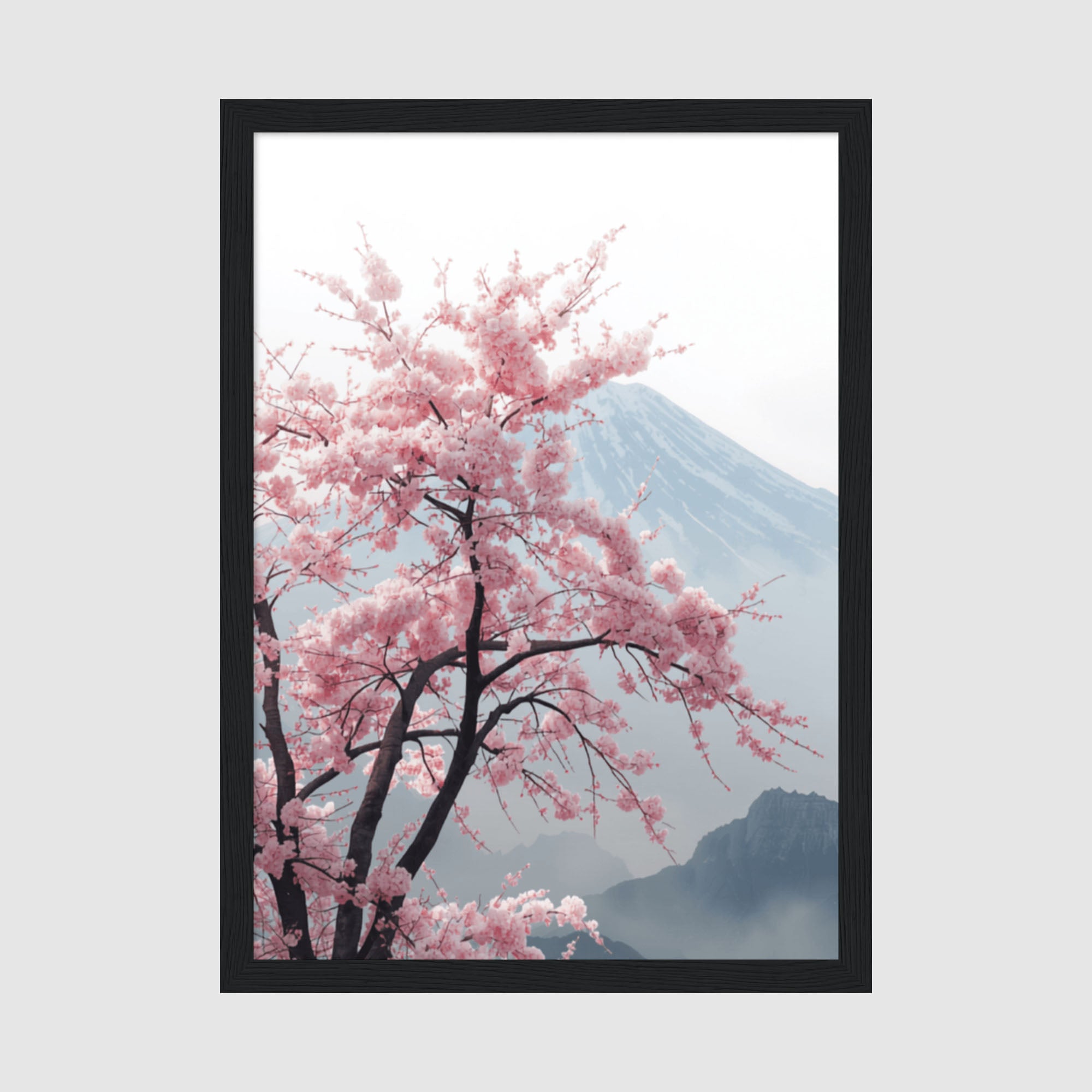 Framed Poster A4 Classic Black Frame - Pink cherry blossoms blooming on dark branches with blue mountains in misty background