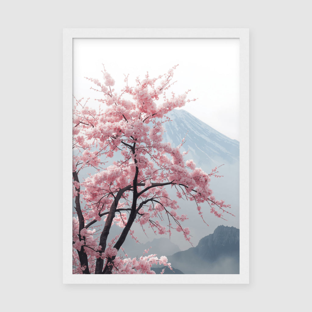 Framed Poster A4 Classic White Frame - Delicate sakura flowers on twisted tree trunk with mountain landscape