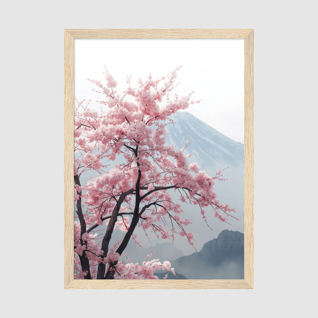 Framed Poster A4 Classic Wood Frame - Pink cherry tree in full bloom against soft haze of distant mountains