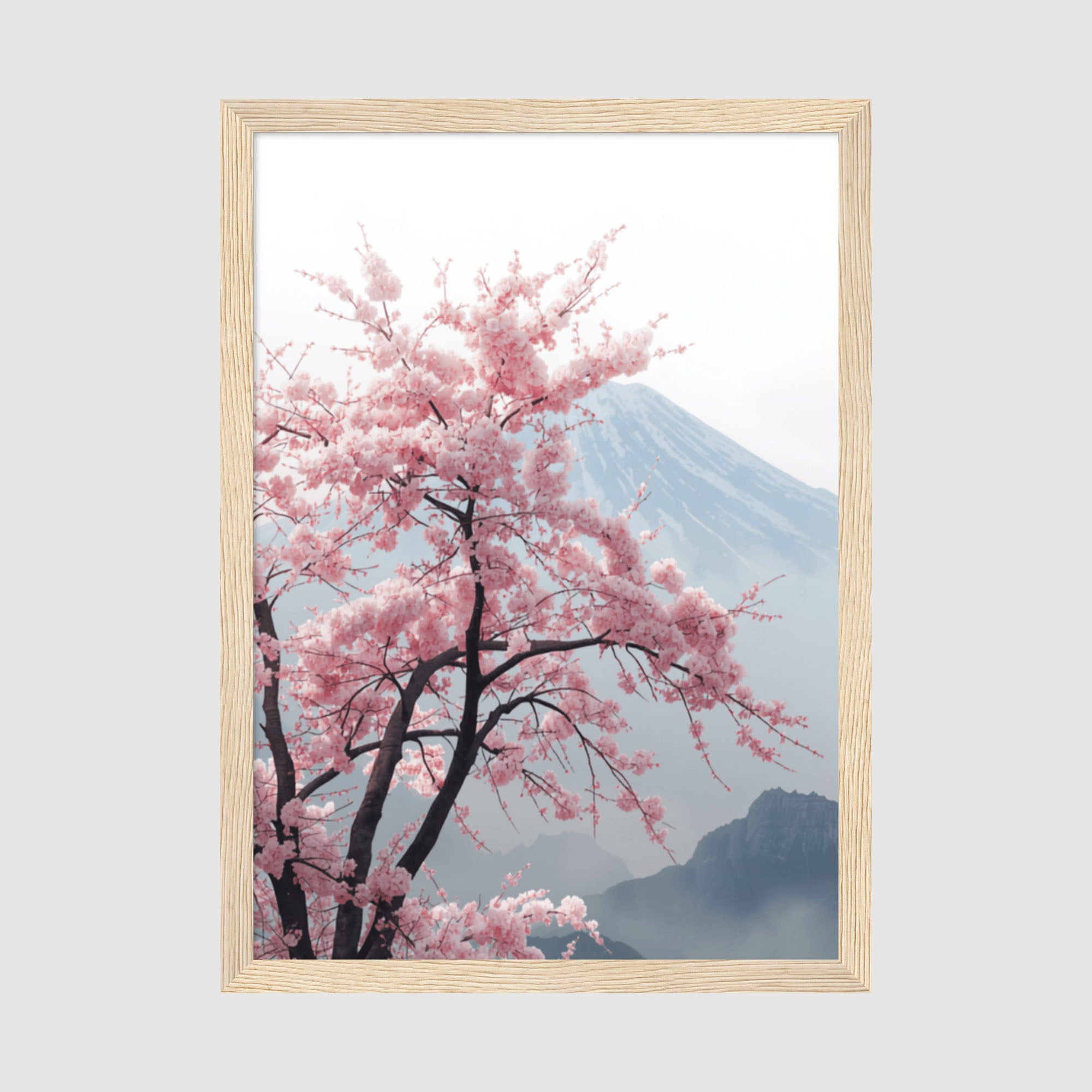 Framed Poster A4 Classic Wood Frame - Pink cherry tree in full bloom against soft haze of distant mountains