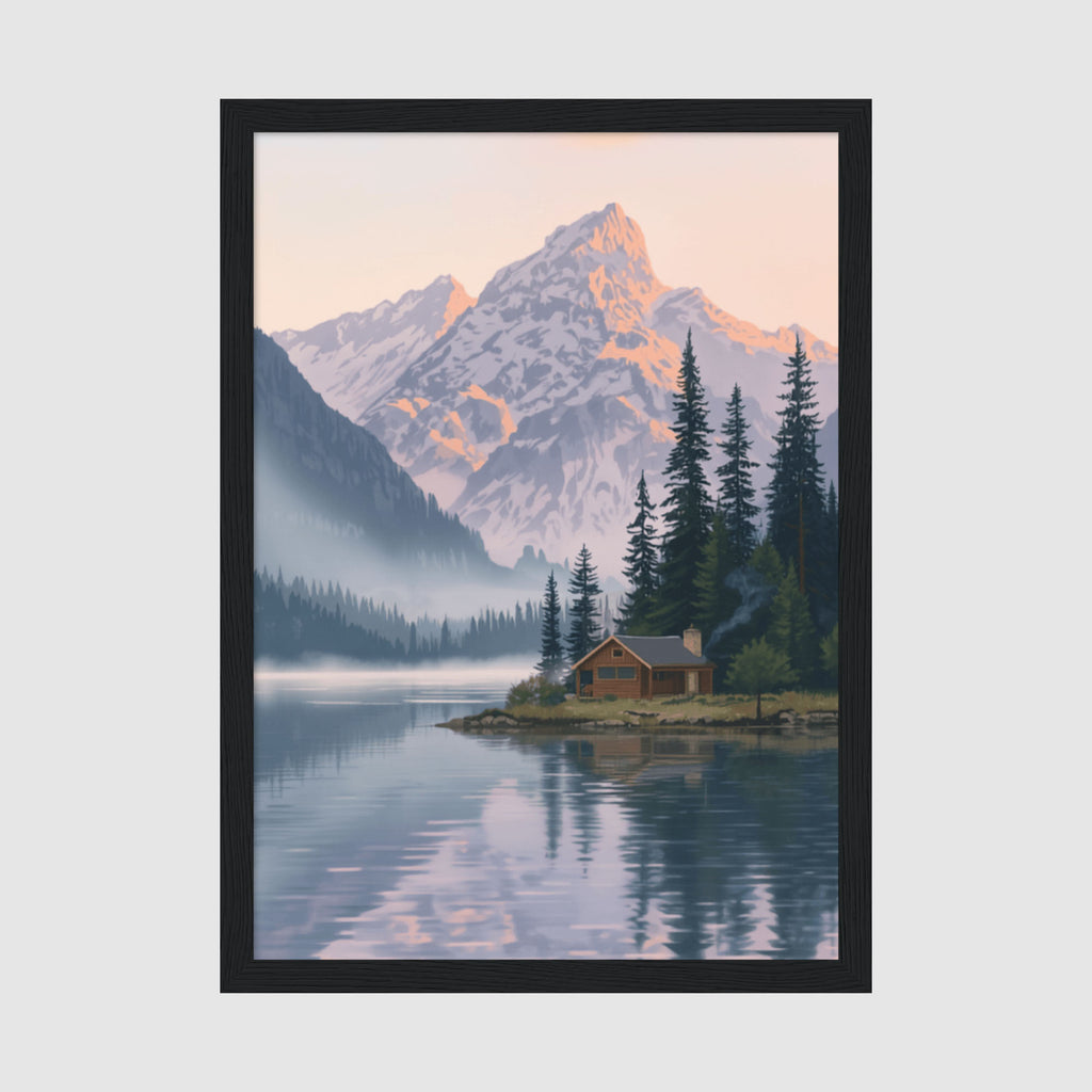 Framed Poster A4 Black Frame - Serene cabin by misty lake with snow-capped mountain and forest trees under golden sunrise