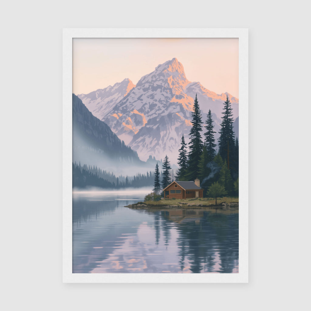 Framed Poster A3 White Frame - Peaceful lakeside cabin scene with towering mountain peaks and evergreen forest landscape