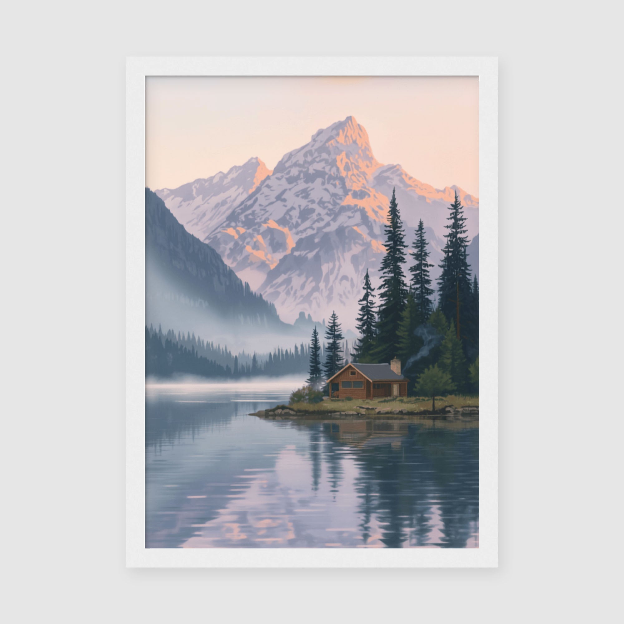 Framed Poster A3 White Frame - Peaceful lakeside cabin scene with towering mountain peaks and evergreen forest landscape