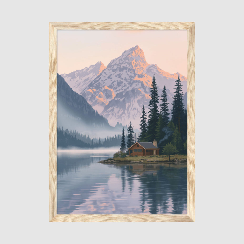 Framed Poster A2 Wood Frame - Mountain cabin artwork showing calm water reflection with golden-lit peaks and dark pine trees