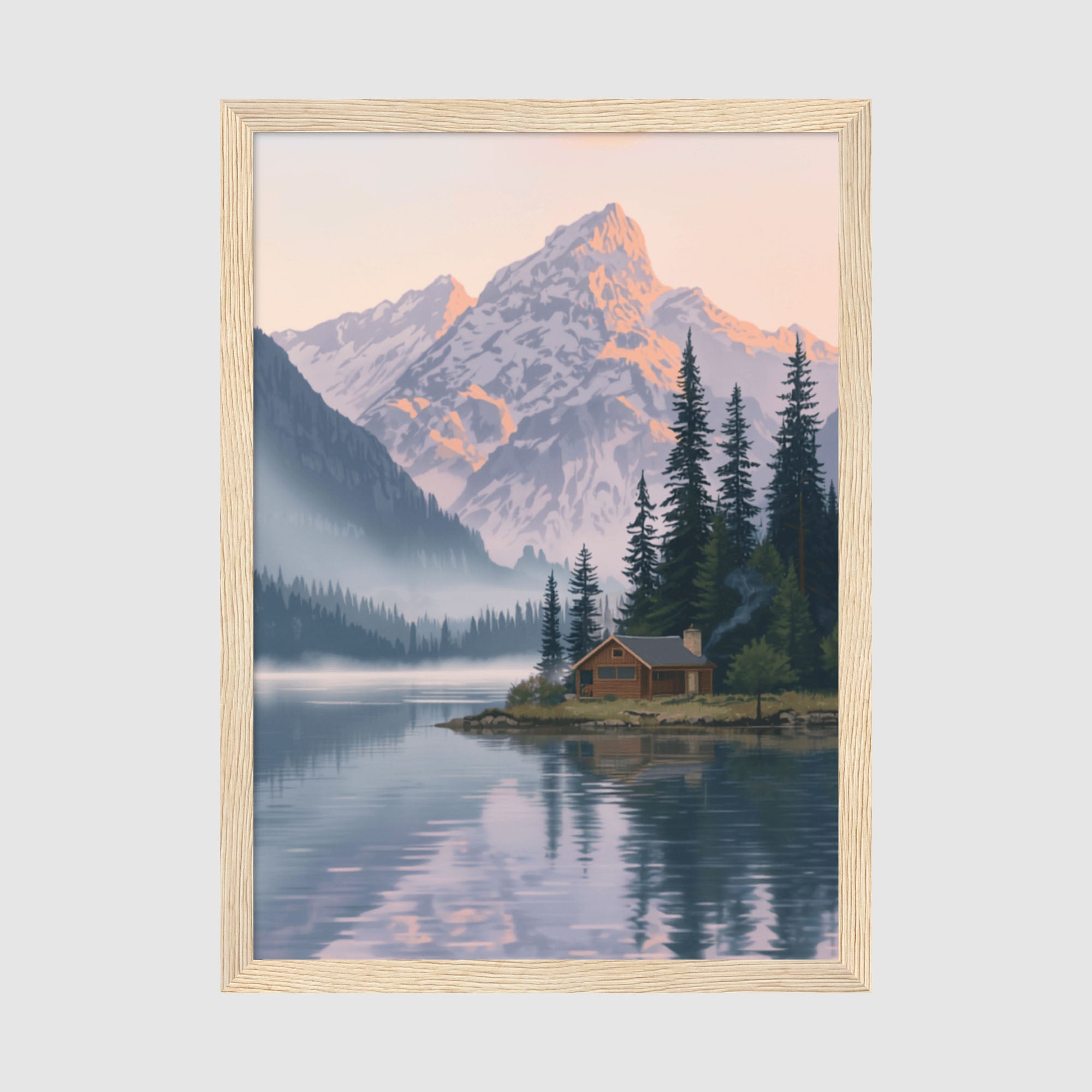Framed Poster A2 Wood Frame - Mountain cabin artwork showing calm water reflection with golden-lit peaks and dark pine trees
