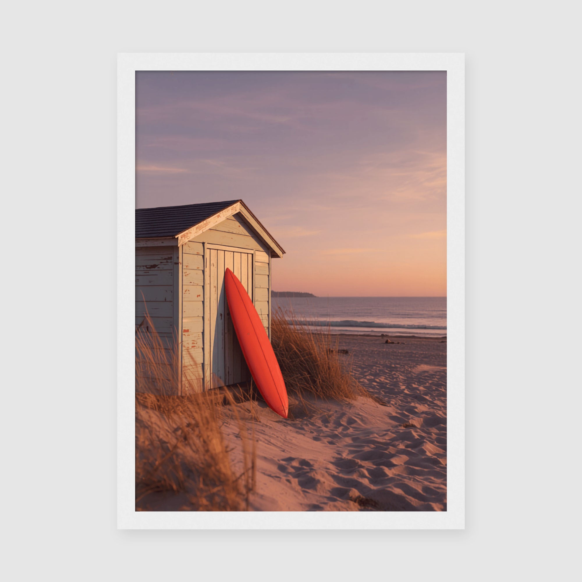 Framed Poster A3 Classic White - Coastal beach scene at sunset with vintage beach hut and bright red surfboard on sandy beach