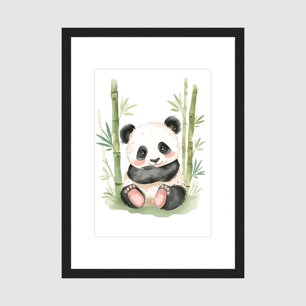 Framed Panda Print A4 Classic Black Frame - Watercolor illustration of a smiling panda sitting among tall green bamboo stalks with rosy cheeks and pink paw pads