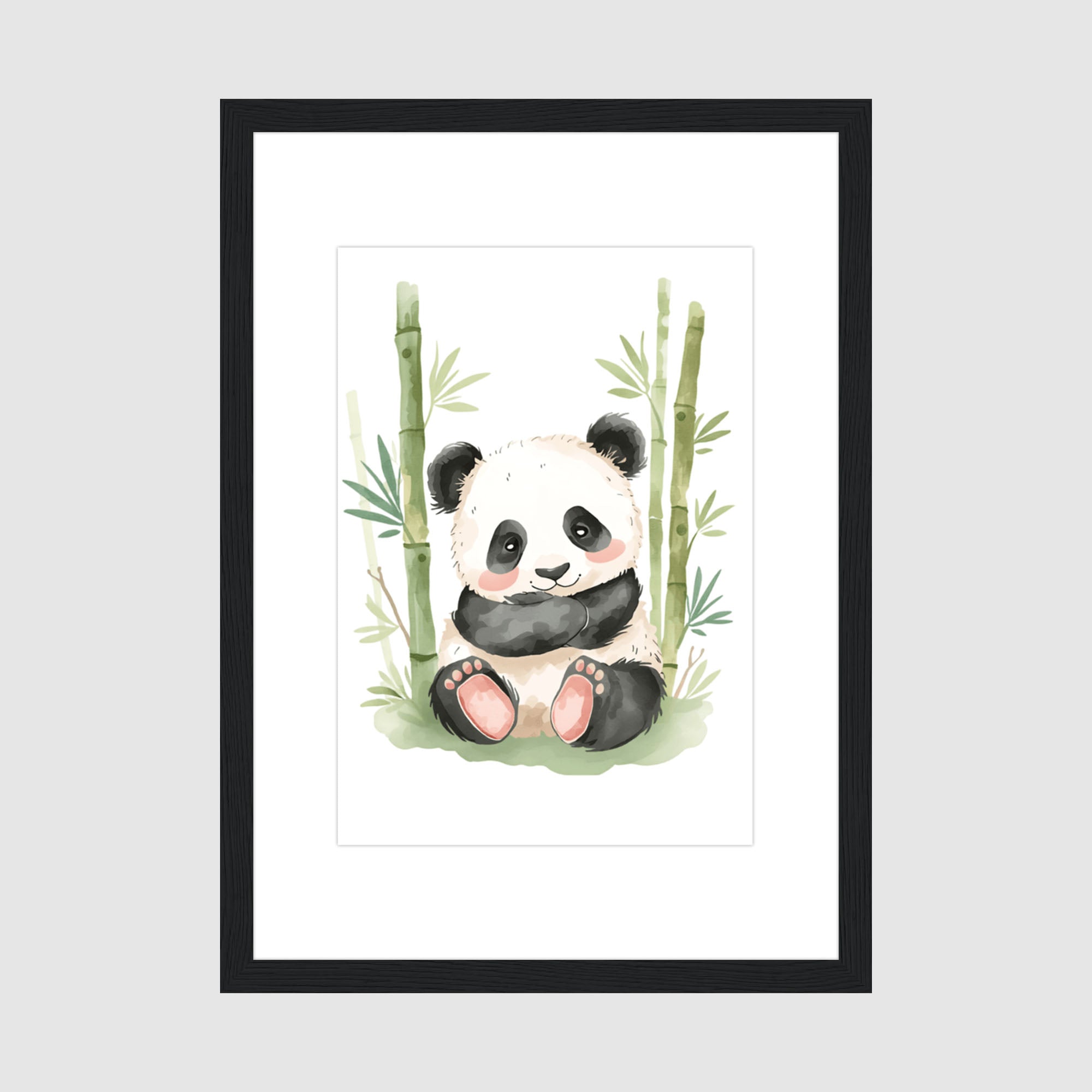 Framed Panda Print A4 Classic Black Frame - Watercolor illustration of a smiling panda sitting among tall green bamboo stalks with rosy cheeks and pink paw pads