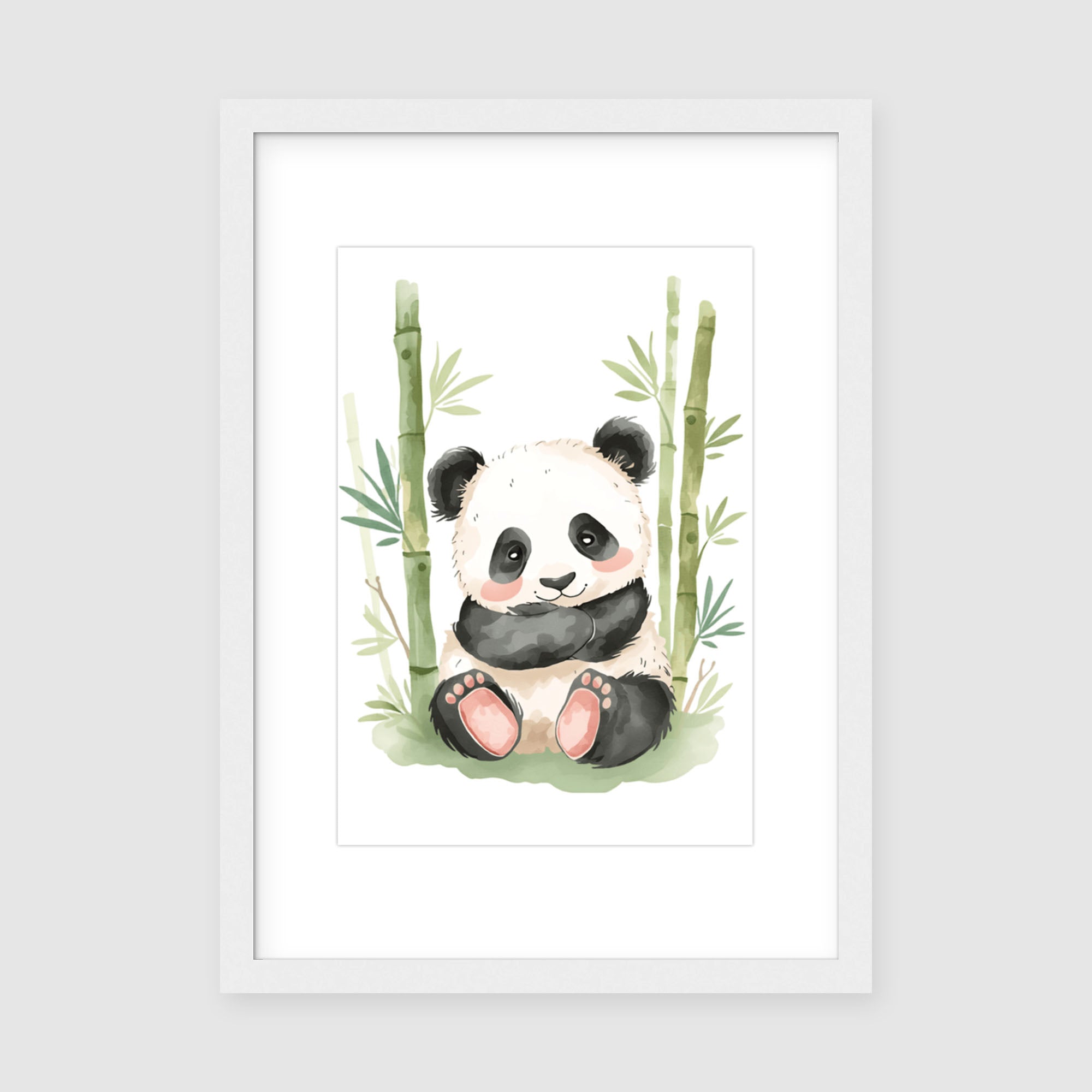 Framed Panda Print A3 Classic White Frame - Adorable panda surrounded by bamboo plants in soft green and neutral tones, ready to hang in nursery