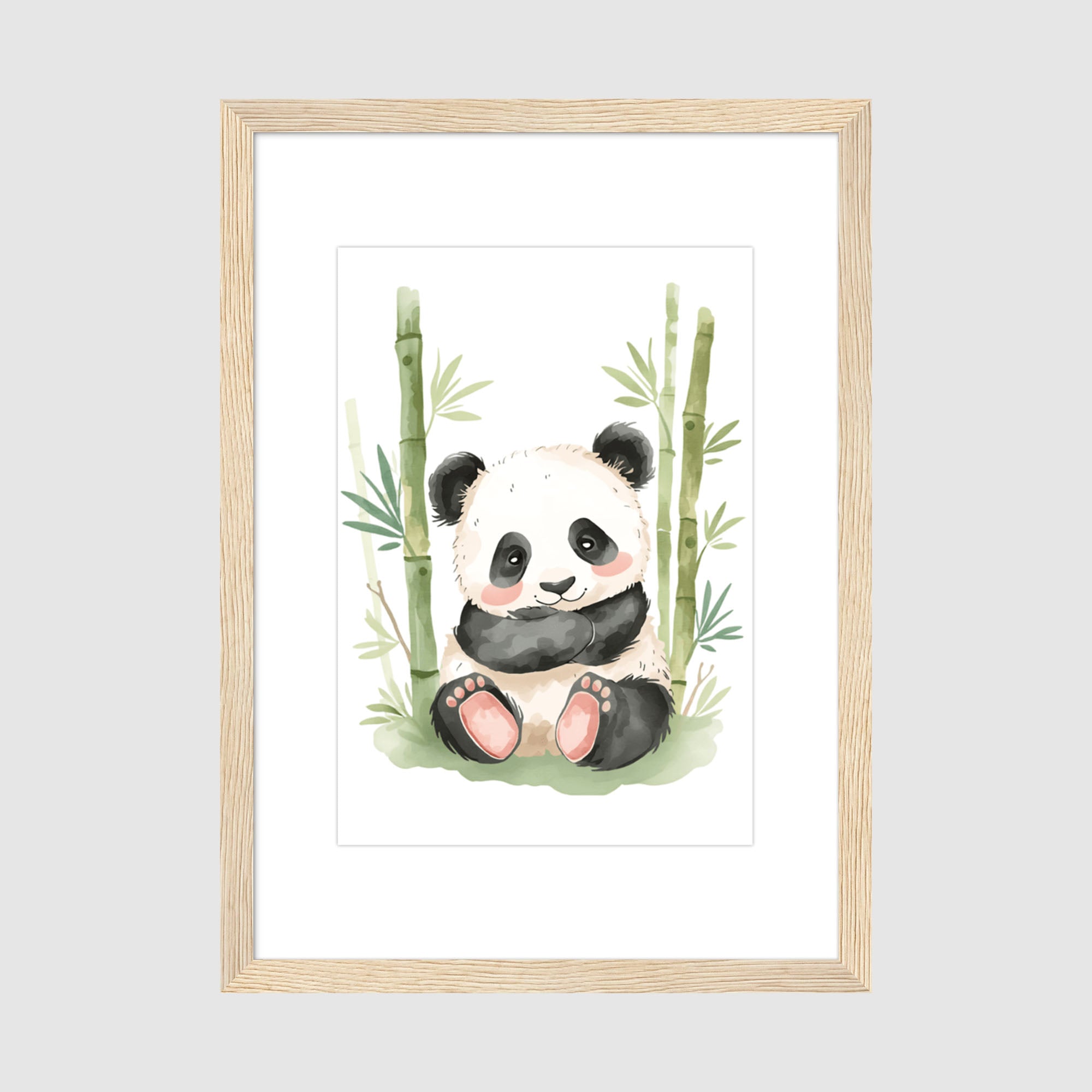 Framed Panda Print A2 Natural Wood Frame - Large format panda artwork featuring gentle watercolor style with bamboo forest background