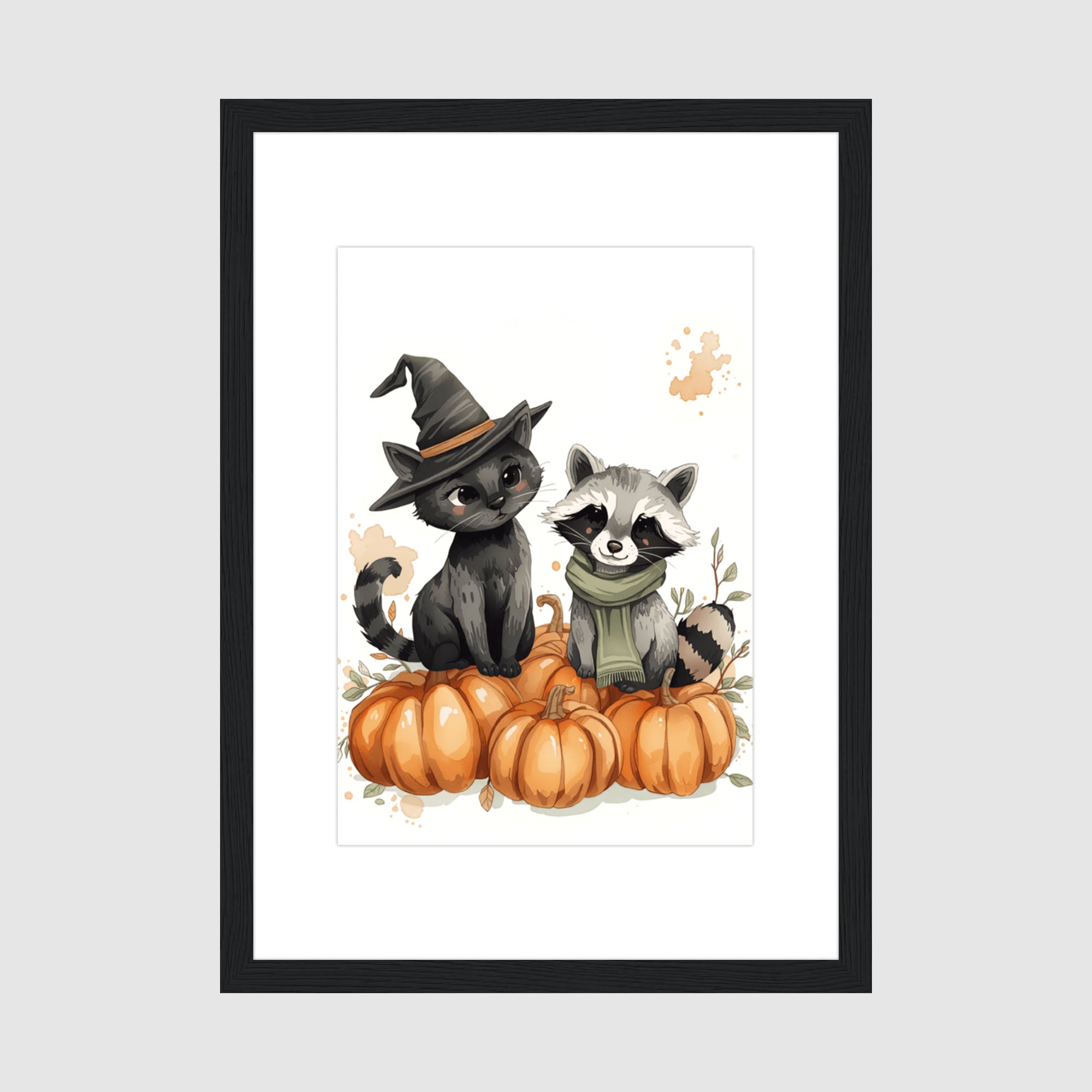 Framed Print A4 Classic Black Frame - Whimsical Halloween illustration with black witch cat and raccoon on pumpkins with autumn leaves