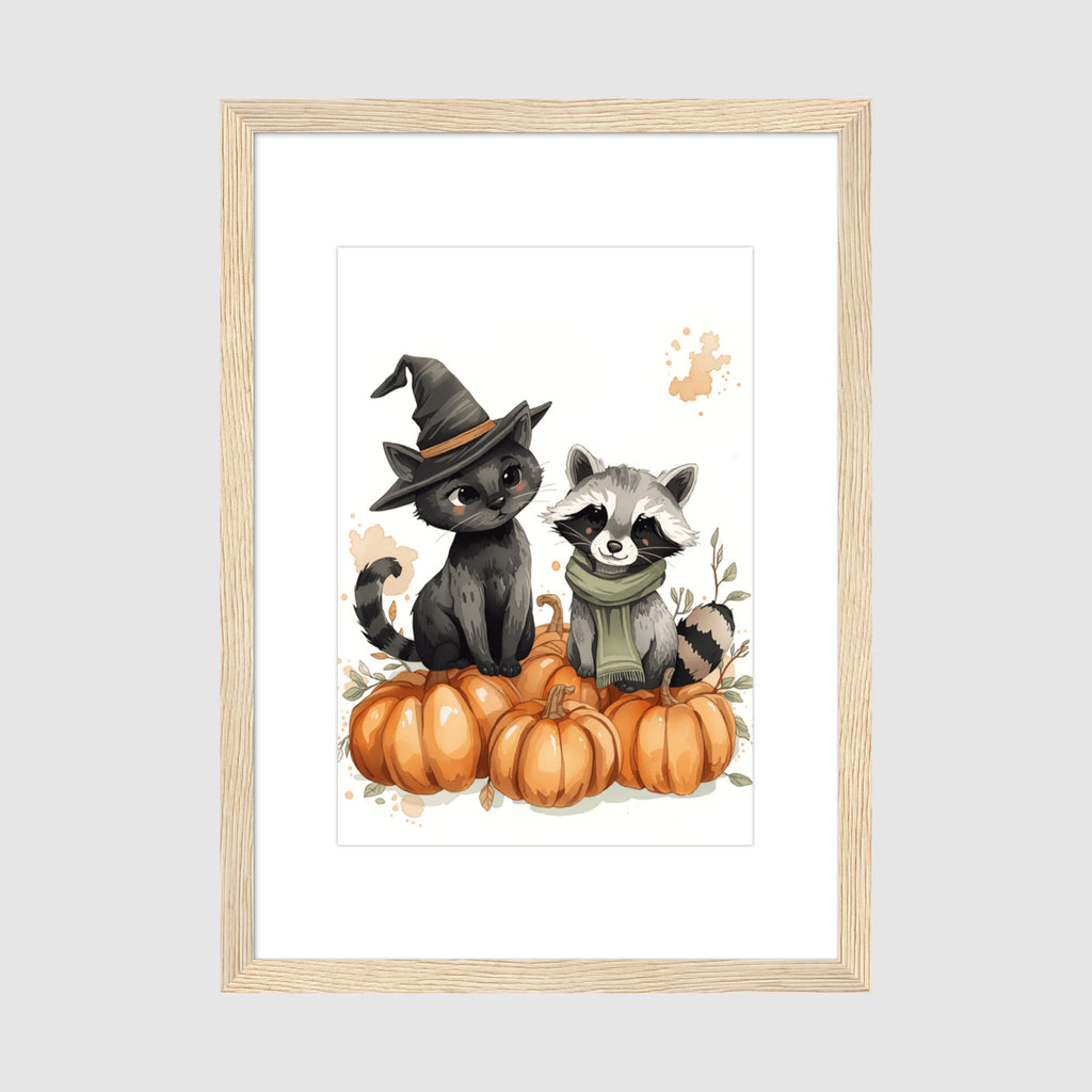 Framed Print A2 Natural Wood Frame - Colorful Halloween-themed artwork featuring a cat in witch hat and raccoon in green scarf among pumpkins