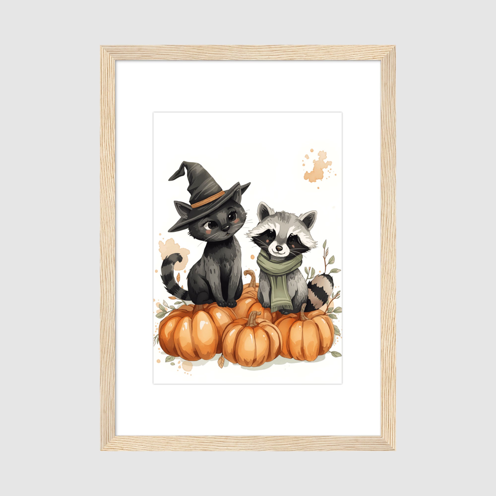 Framed Print A2 Natural Wood Frame - Colorful Halloween-themed artwork featuring a cat in witch hat and raccoon in green scarf among pumpkins