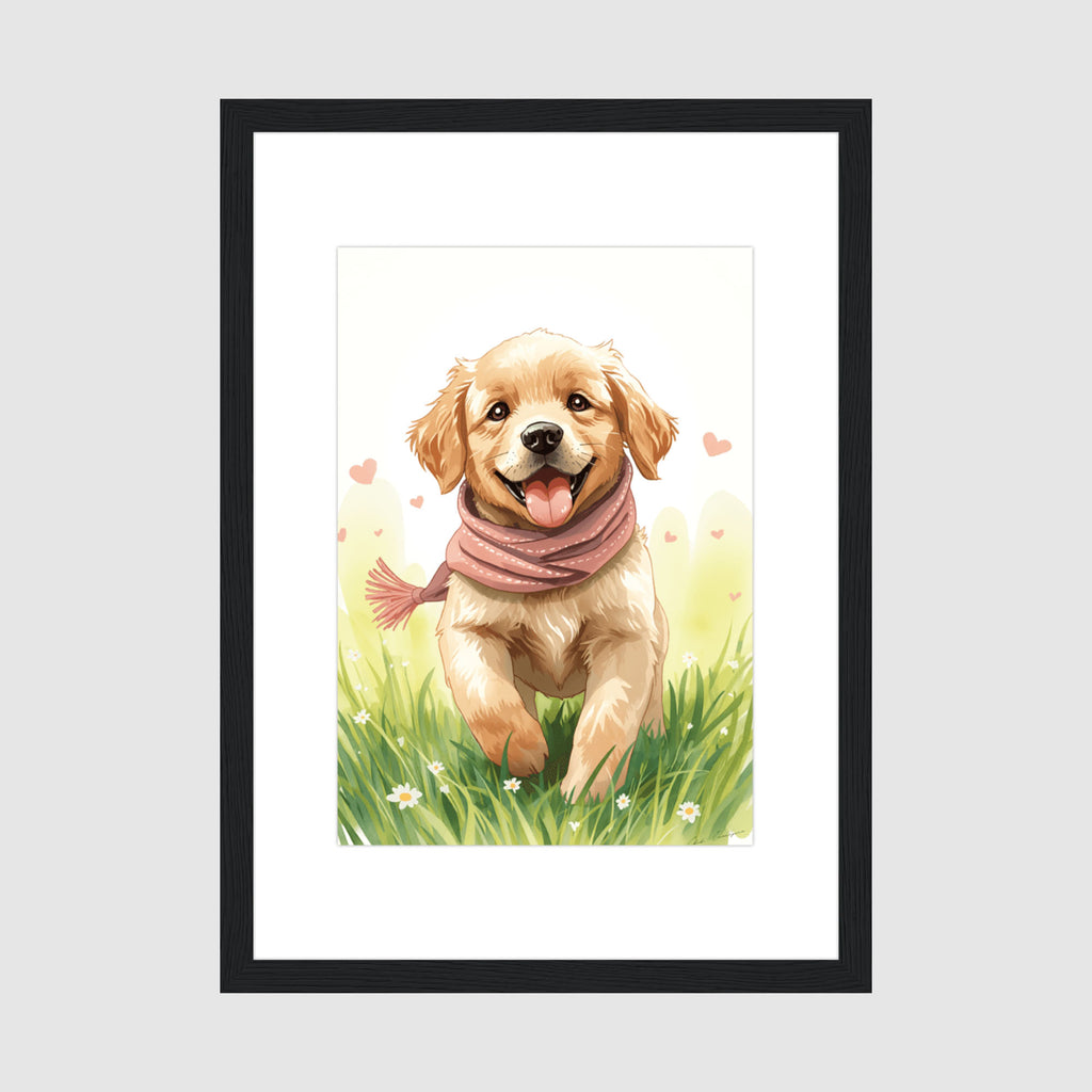 Framed Print A4 Classic Black Frame - Cheerful golden retriever puppy wearing pink scarf in sunny meadow with daisies and hearts