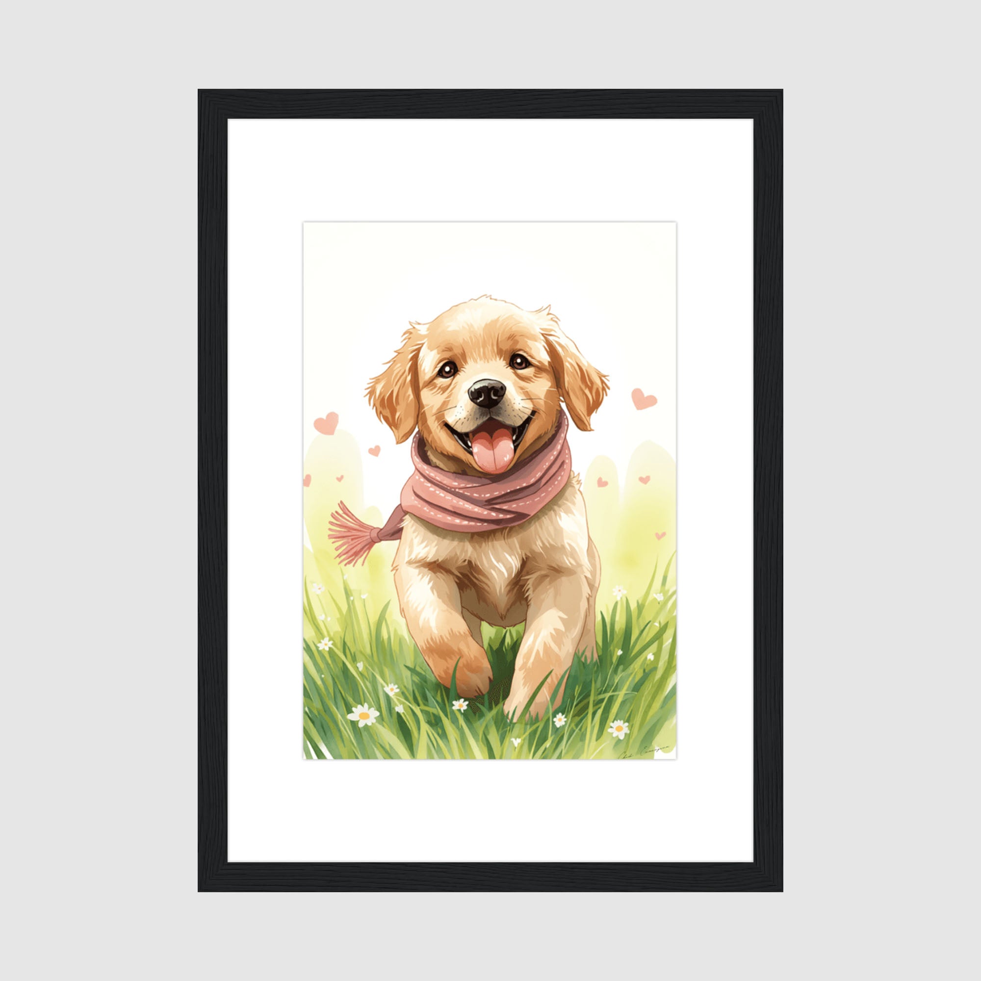 Framed Print A4 Classic Black Frame - Cheerful golden retriever puppy wearing pink scarf in sunny meadow with daisies and hearts