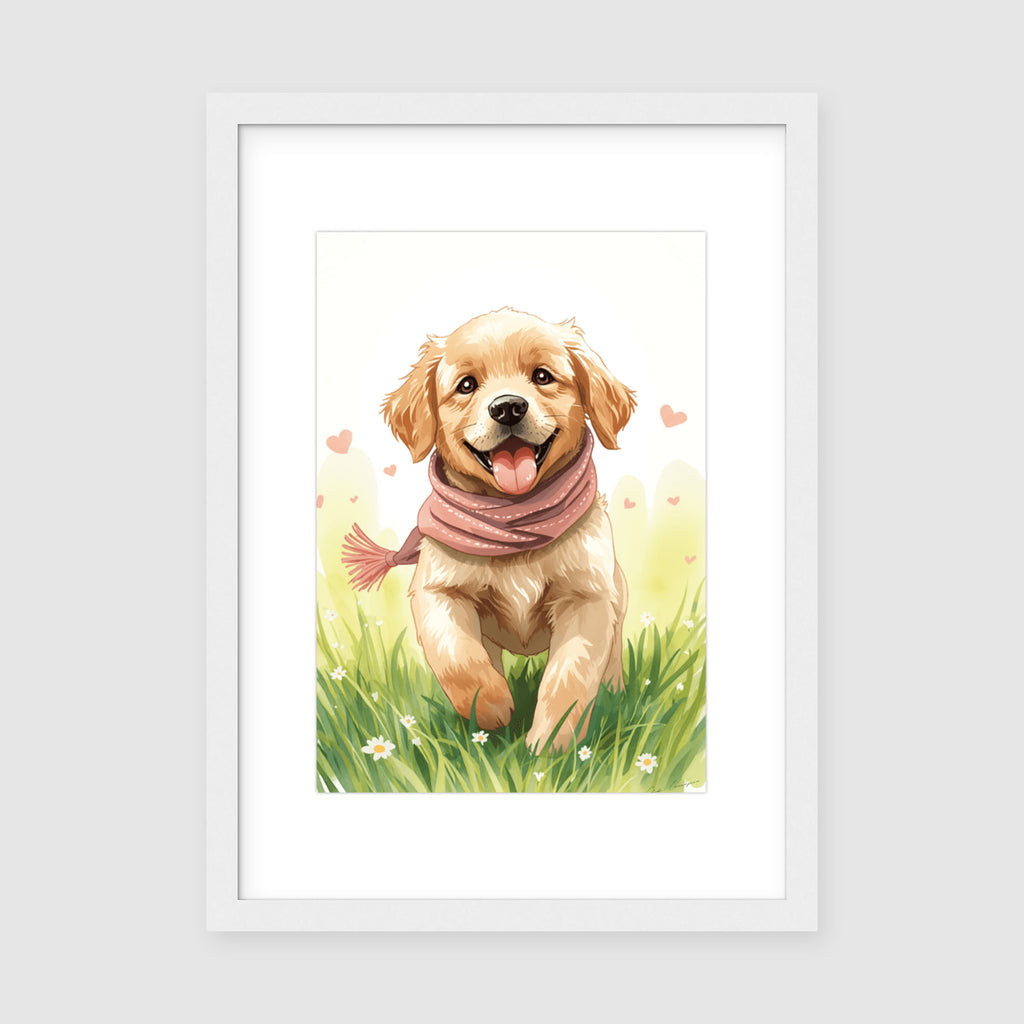 Framed Print A3 Classic White Frame - Happy golden retriever illustration with pink neck scarf surrounded by green grass and white flowers