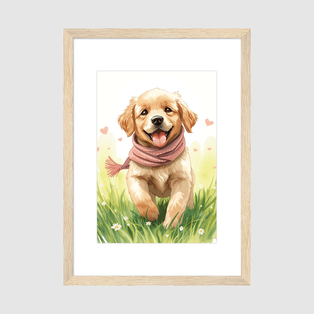 Framed Print A2 Classic Wood Frame - Playful puppy artwork showing golden dog with tongue out in spring meadow with floating hearts