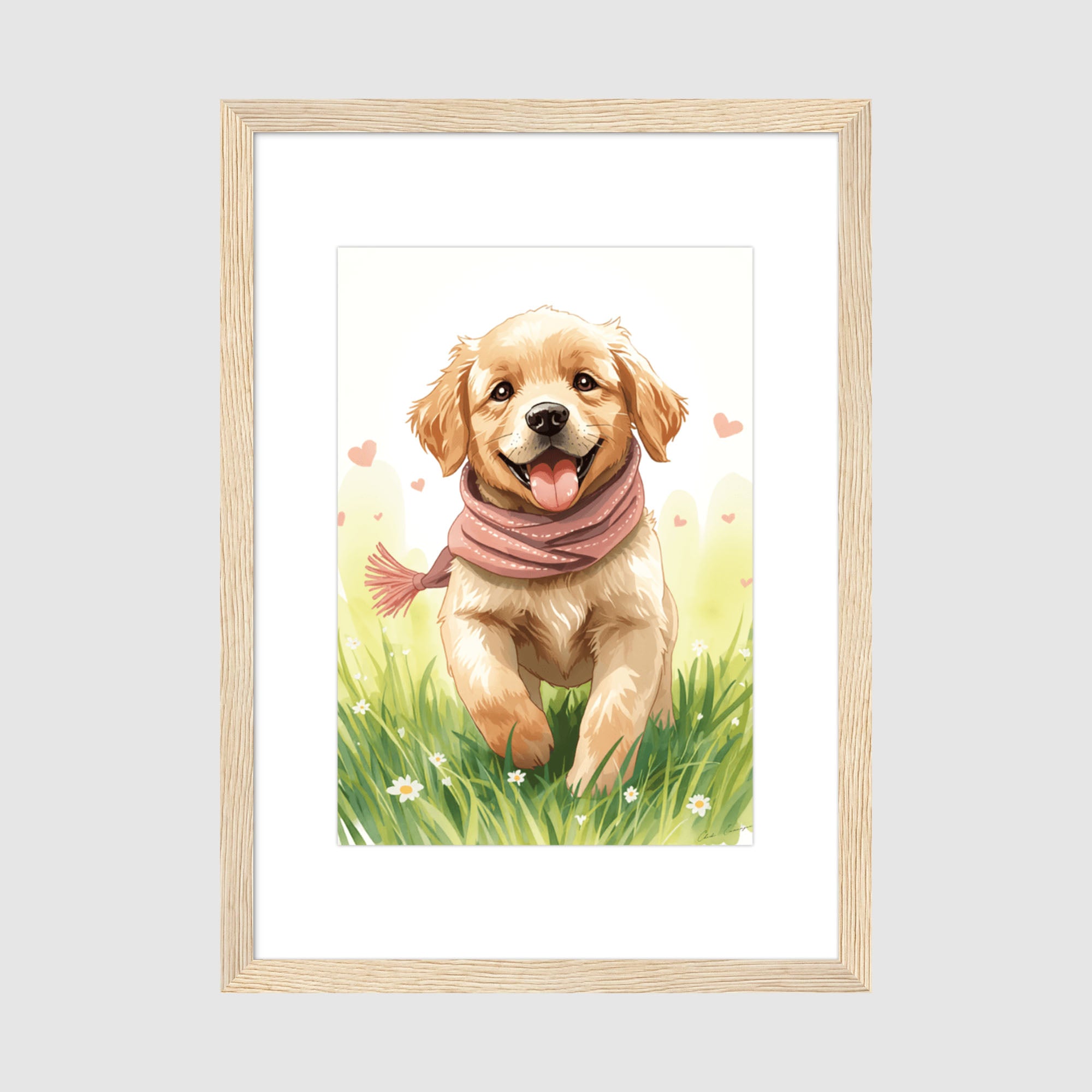 Framed Print A2 Classic Wood Frame - Playful puppy artwork showing golden dog with tongue out in spring meadow with floating hearts