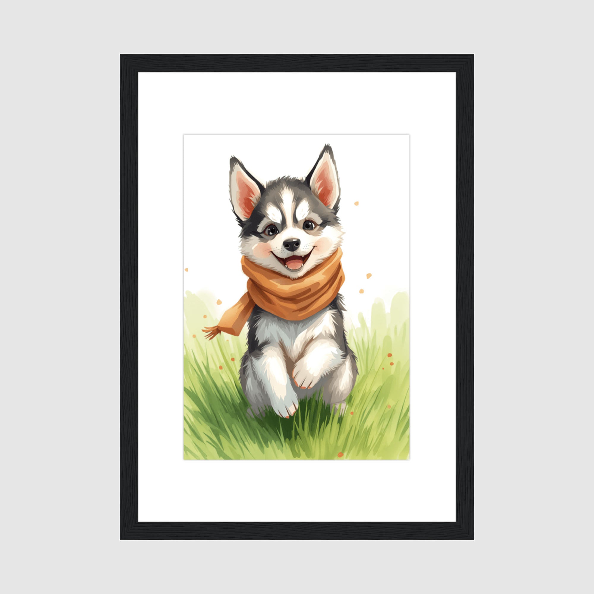 Framed Print A4 Black Frame - Watercolor husky puppy wearing brown scarf in grass with golden accents