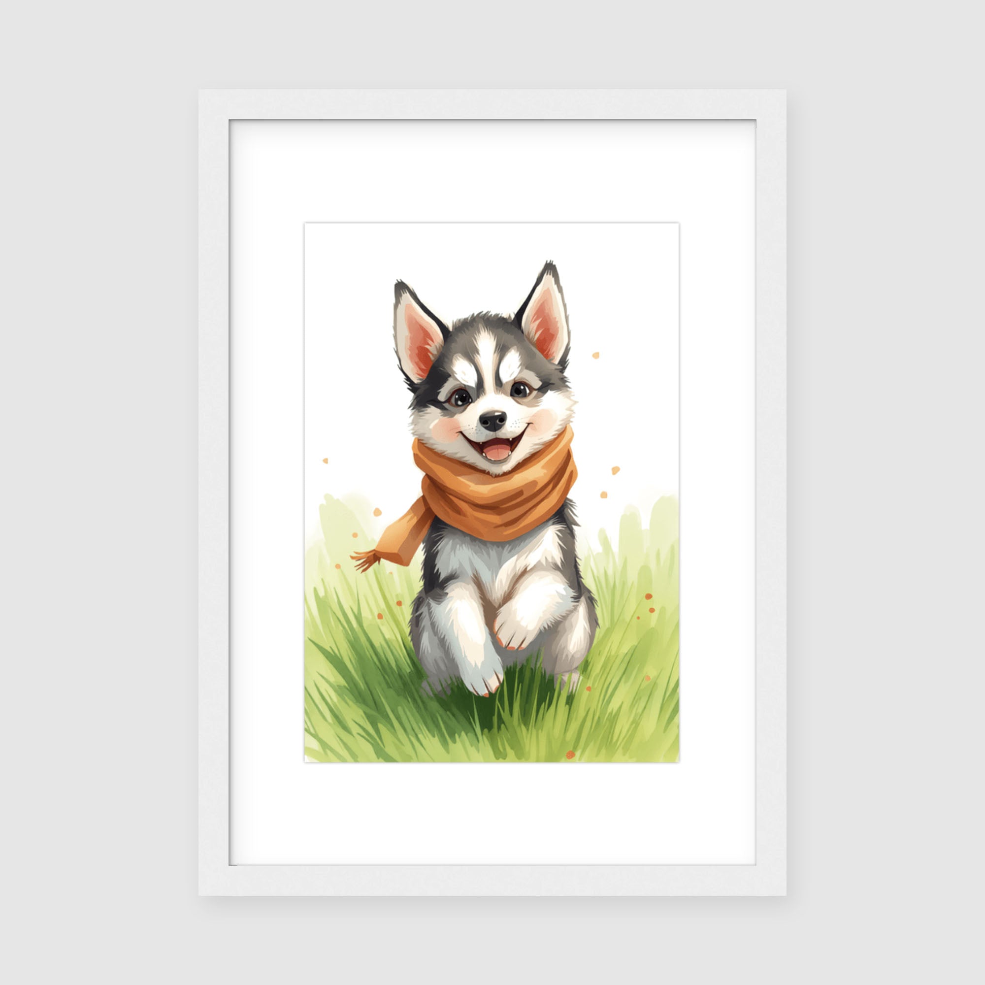 Framed Print A3 White Frame - Happy husky pup illustration with pink ear details on archival matte paper
