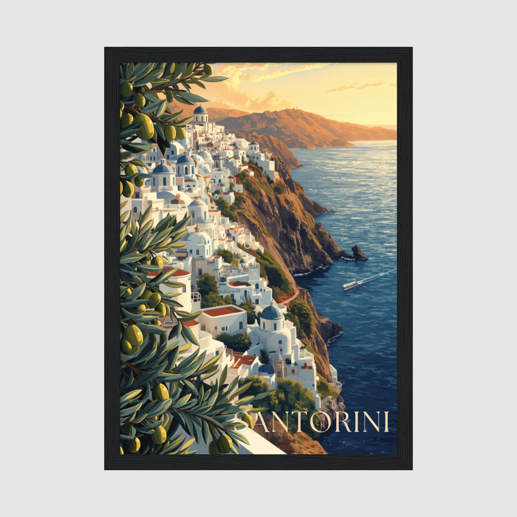 Framed Poster A4 Classic Black Frame - Santorini coastal village with white buildings, blue domed churches, dramatic cliffs, and lemon branches framing the left side in warm golden light