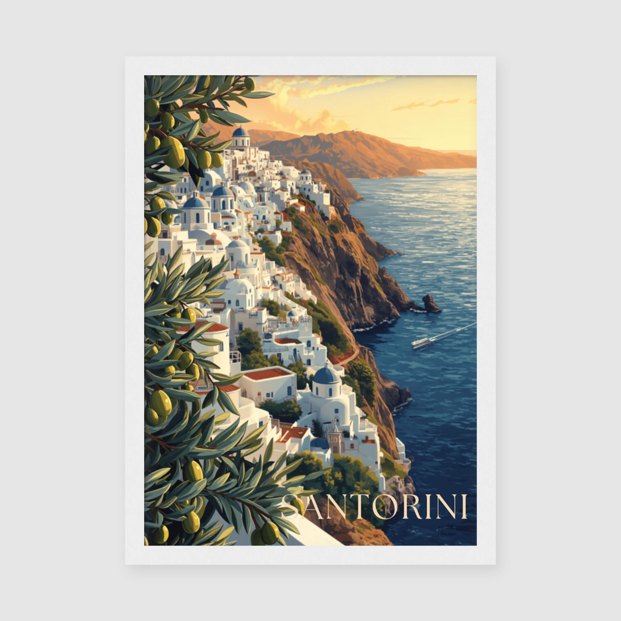 Framed Poster A3 Classic White Frame - Mediterranean scene depicting cascading white architecture along rocky coastline with sparkling blue sea, red-tiled roofs, and fresh lemon foliage