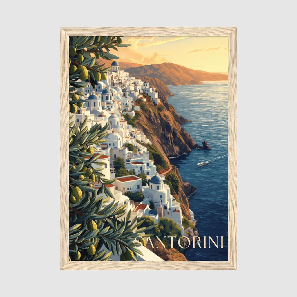Framed Poster A2 Classic Wood Frame - Golden hour view of Santorini's iconic whitewashed buildings perched on ochre cliffs overlooking the Aegean Sea with olive lemon tree branches