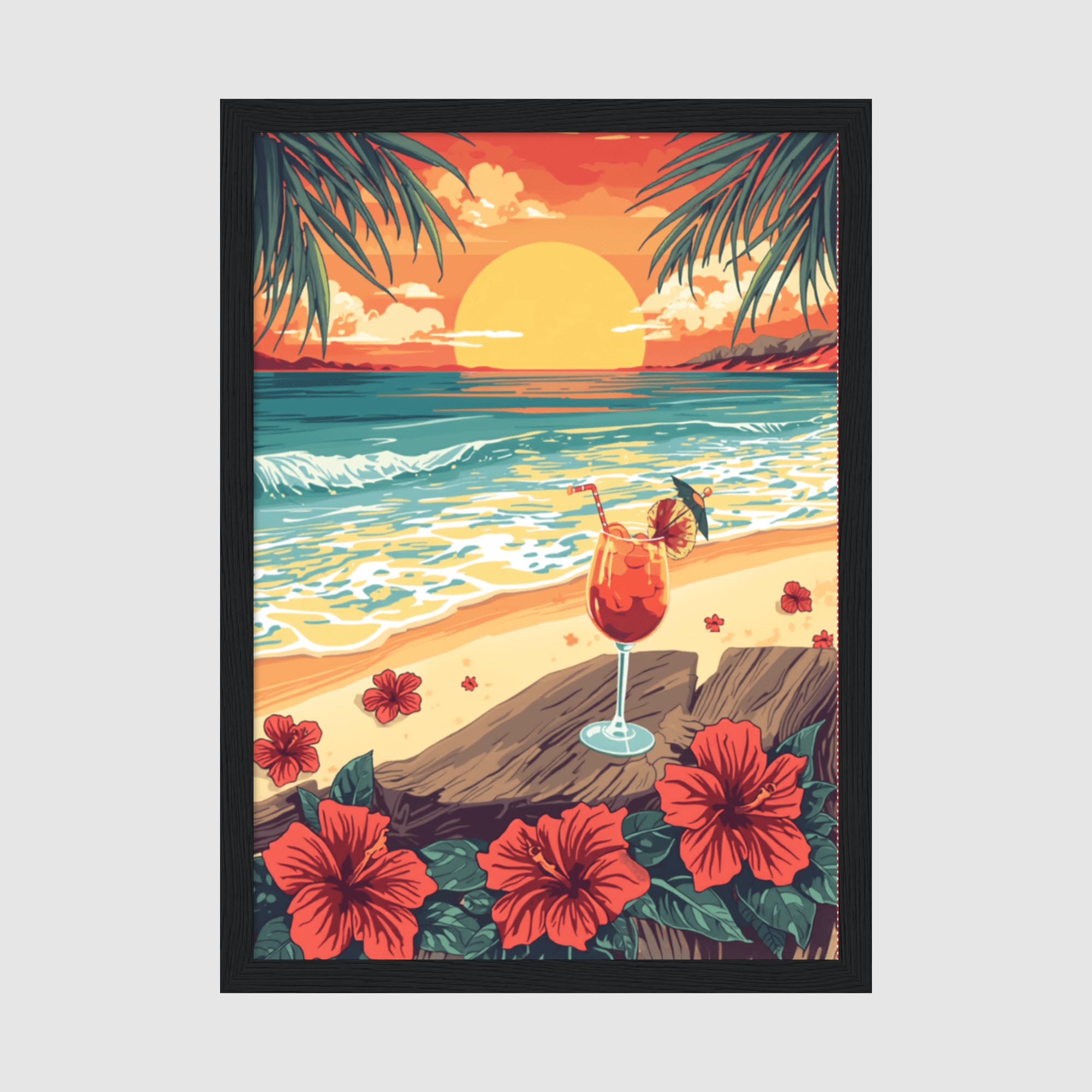 Framed Poster A4 Classic Black Frame - Tropical Hawaiian beach sunset scene with golden sun, turquoise water, palm fronds, red hibiscus flowers, and colorful cocktail on driftwood